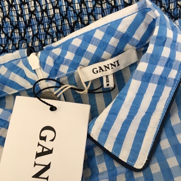 NWT!! GANNI Charron Smocked Gingham Dress Ruffle Peter Pan Mini Embroidered 36 4 - Picture 12 of 16